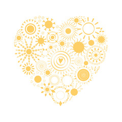 Yellow sun icons made shape if heart. Abstract mandala sunny cute design.