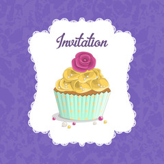 Sweet food dessert delicious cupcake poster on grunge squared background illustration. Invitation for a birthday, wedding, Valentine's Day, party