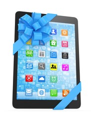 Black tablet with blue bow and icons. 3D rendering.