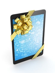 Black tablet with golden bow and blue screen. 3D rendering.