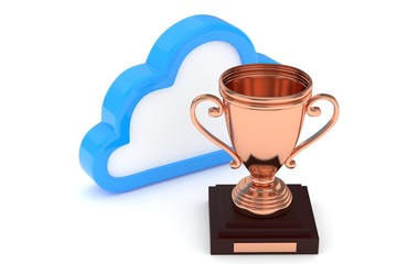 Isoalted bronze cup with cloud on white background. Blue contour cloud. Concept of cloud storage competition. Leader cloud drive. Best storage contest. 3D rendering.