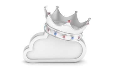 Isolated chrome cloud icon with crown and gems on white background. Symbol of communication, network and technology. Broadband. Online database. 3D rendering.