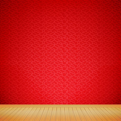 Brown wood floor with chinese style red background empty room wi