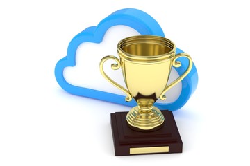 Isoalted golden cup with cloud on white background. Blue contour cloud. Concept of cloud storage competition. Leader cloud drive. Best storage contest. 3D rendering.