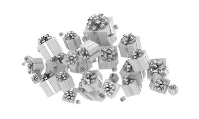 flying gift boxes on white. 3d rendering.