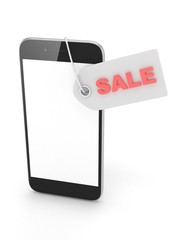 Smart phone with red sale label on white background. Best offer. Leader of sales. 3D rendering.