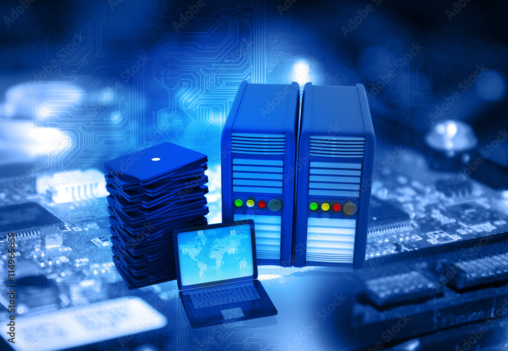 Poster modern network server and laptop in data center.
