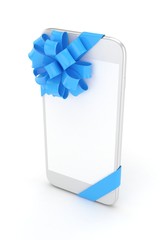White phone with blue bow and empty screen. 3D rendering.