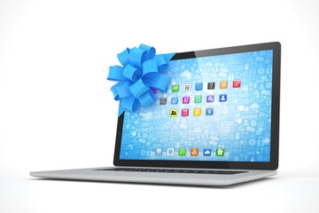 Laptop with blue bow and icons. 3D rendering.