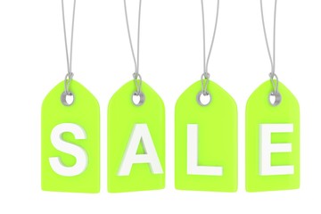 Green isolated sale labels on white background. Price tags. Special offer and promotion. Store discount. Shopping time. 3D rendering.