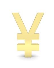 Obraz premium Isolated golden yen yuan sign on white background. Chinese japanese currency. Concept of investment, asian market, savings. Power, luxury and wealth. 3D rendering.