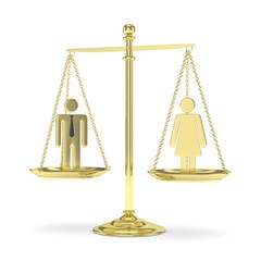 Isolated old fashioned golden pan scale with man and woman on white background. Gender inequality. Equality of sexes. Law issues. Silver model. 3D rendering.