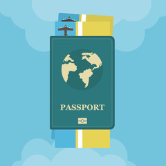 Passport with airplane tickets with clouds flat. Concept icon travel and tourism.