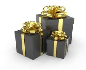 three gift boxes with bows isolated on white. 3d rendering.