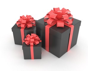 three gift boxes with bows isolated on white. 3d rendering.