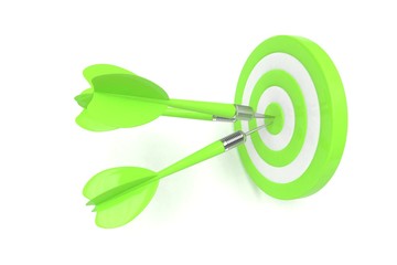Three arrows darts in center. 3d rendering.