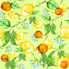     Vintage watercolor pattern - Lemon branch with flowers and leaves. 
Citrus fruits - orange.
