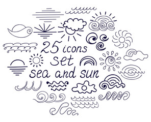 Set of twenty five icons of the sun and the sea