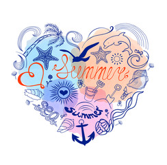 Summer heart of a lot of elements on a white background and watercolor stains