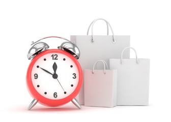 alarm clock and shopping bag (time to buy concept). 3d rendering.