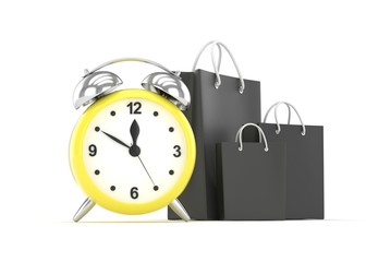 alarm clock and shopping bag (time to buy concept). 3d rendering.