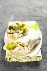 Meat wraps with pickled cucumbers and mustard sauce