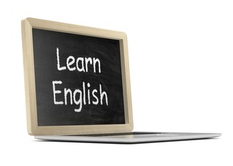  Laptop with chalkboard, learn english, online education concept. 3d rendering.