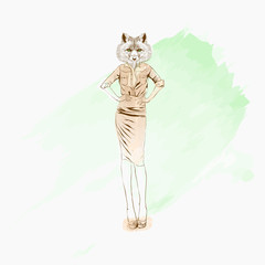 Fox hipster girl, fashion animal illustration