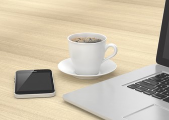 Laptop smartphone and coffee cup on wood table. 3d rendering.