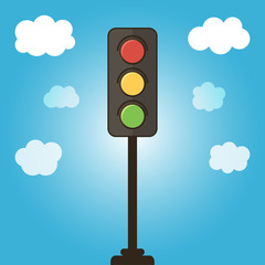 Vector traffic light on blue sky background with clouds.