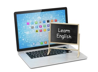  Laptop with chalkboard, learn english, online education concept. 3d rendering.