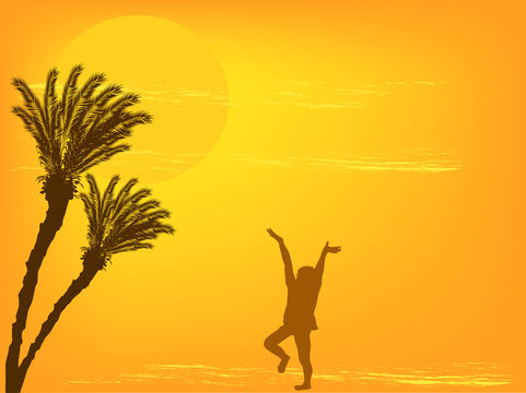 girl and palm trees at yellow sunset