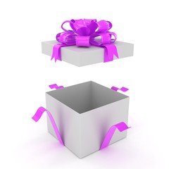 open gift box with bows isolated on white. 3d rendering.