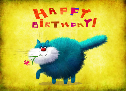 Birthday Card Cat Walking With Flower In Mouth