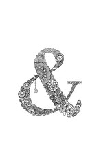 Black and White & symbol or ampersand vector illustration with flowers, swirls and abstract doodles