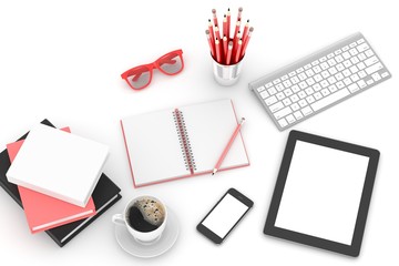 Office workplace set on white table. Pc, tablet, smartphone, notebook, red stationery, red glasses, cup of coffee, keyboard.