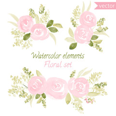 A set of watercolor roses flowers and leaf. Vector collection with leaves and flowers, hand drawing. Can be used for design for invitation, wedding or greeting cards