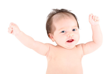 Portrait of a cheerful baby with hands raised