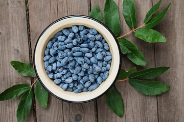 Honeysuckle's berries in bowl on wooden background