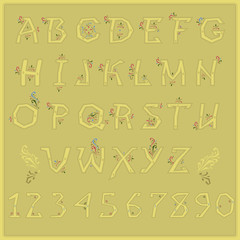 Country Floral font. Folk artistic alphabet