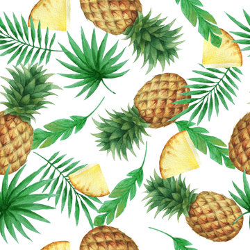Watercolor seamless pattern with fresh pineapples.