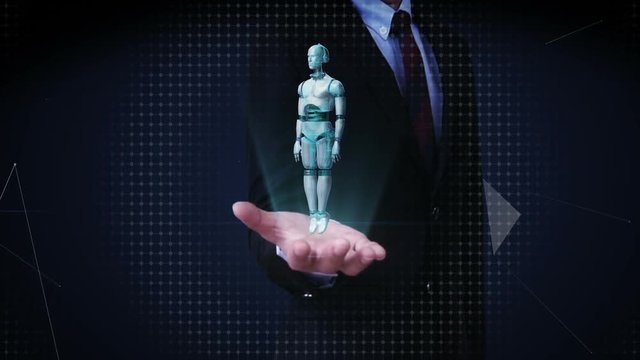 Businessman open palms, Rotating transparency 3D robot body.
