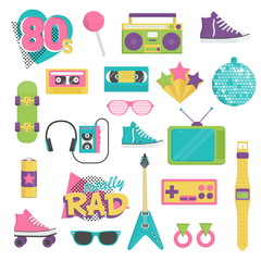 Collection of vintage retro 1980s style items that symbolize the 80s decade fashion accessories, style attributes, leisure items and innovations.