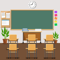 Vector flat illustration of classroom at the school School classroom with chalkboard and desks.