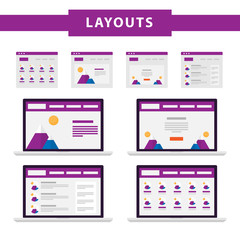 Set of simple flat website templates. Web wireframe vector. Ux interface page design. prototype example. Web layouts on laptop screen