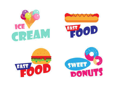 Set of Ice cream logo, burger, hot dog, fast food label for bakery menu, cafe, restaurant. Sweet donuts emblem template