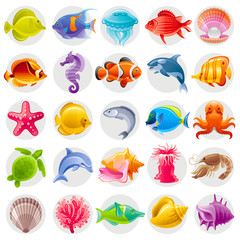 Obraz premium Cute cartoon icon set with underwater animals. Sea horse, fishes, turtle, pearl scallop, dolphin, whale, octopus, starfish, shell. Vector illustrations for beach tourism, summer travel, diving club