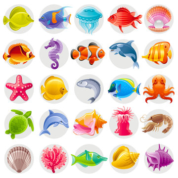 Cute cartoon icon set with underwater animals. Sea horse, fishes, turtle, pearl scallop, dolphin, whale, octopus, starfish, shell. Vector illustrations for beach tourism, summer travel, diving club
