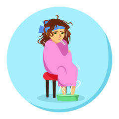 cartoon woman in blanket feeling ill with thermometer in his mouth