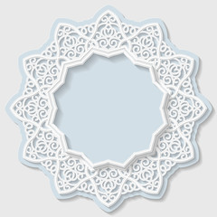 3D star frame, vignette with ornaments, lace frame,  bas-relief ornament,  festive pattern, white pattern, template greetings, vector
